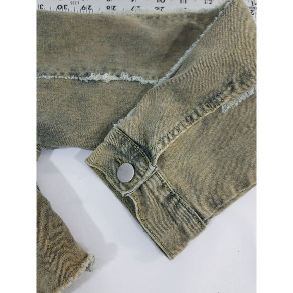 Y2K Denim Jacket & Pants Set Size M Distressed Olive Green Raw Edges Cropped Jac - Picture 7 of 16